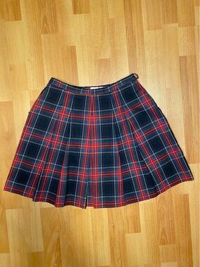 Red Plaid Pleated Mini Skirt with Zip Pockets
